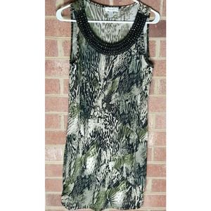 Dress Barn Women's Sleeveless Size 14P Black Green Animal Print Ruffle Top Shirt